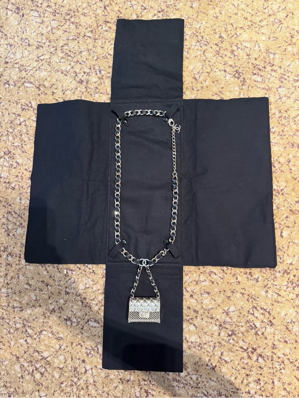 CHANEL Gold-Tone Metal & Black Leather Chain Mail Micro Flap Bag Charm Belt